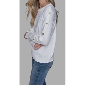 Karl Lagerfeld Paris‎ Womens Ribbed Crewneck Button Sleeve Sweater White Sz L
